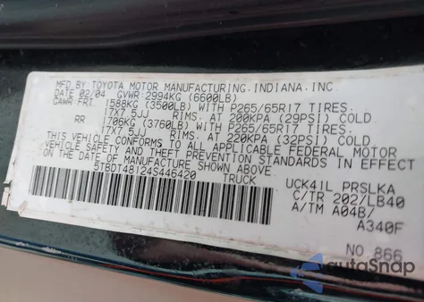2004 Toyota Tundra Limited V8 z USA, uszkodzony, nr VIN 5TBDT48124S446420